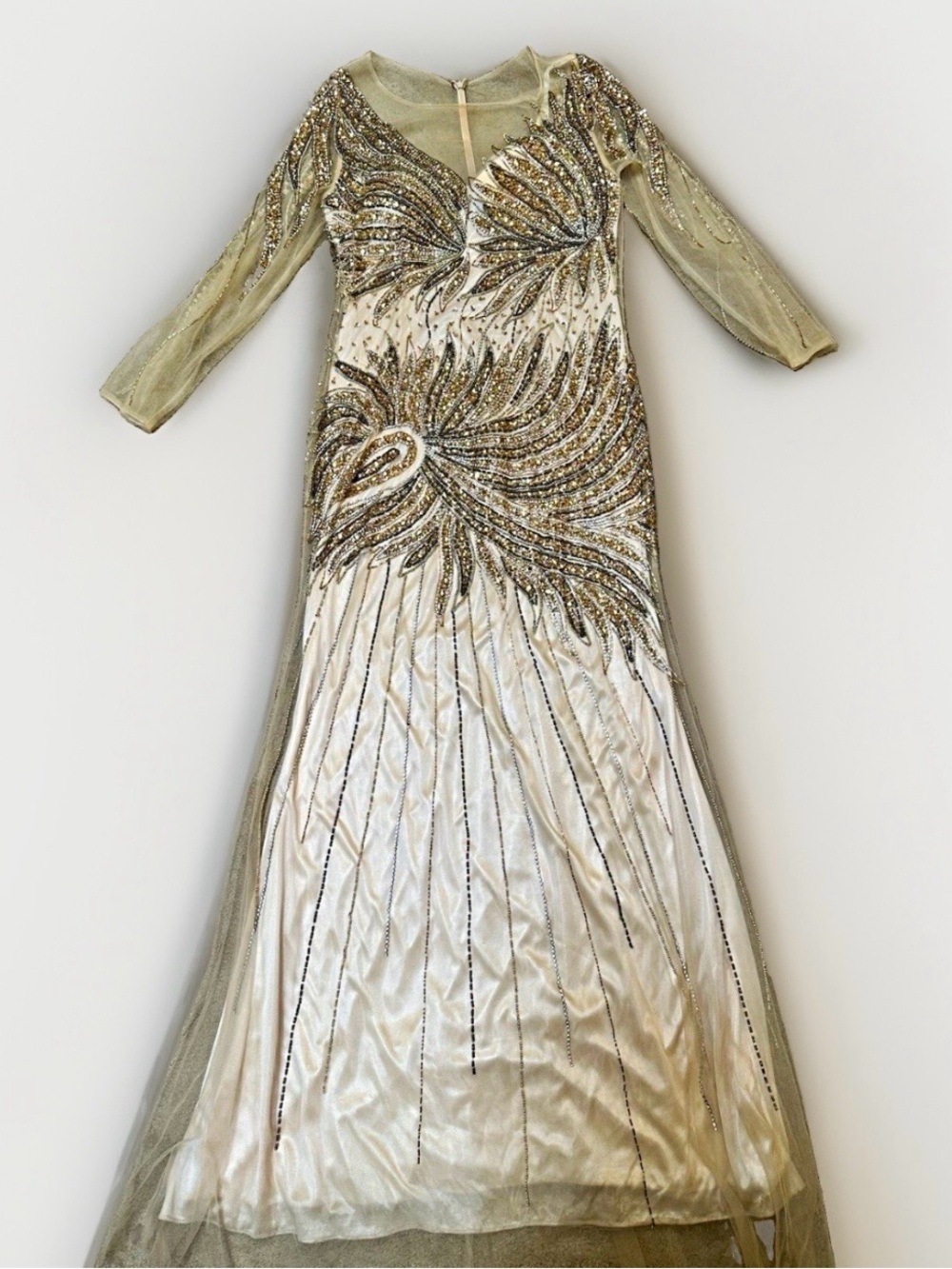 Amelia Couture Ivory/Gold Sheer Beaded Tulle Formal Gown Long Maxi Dress Sz 14 - Picture 2 of 9